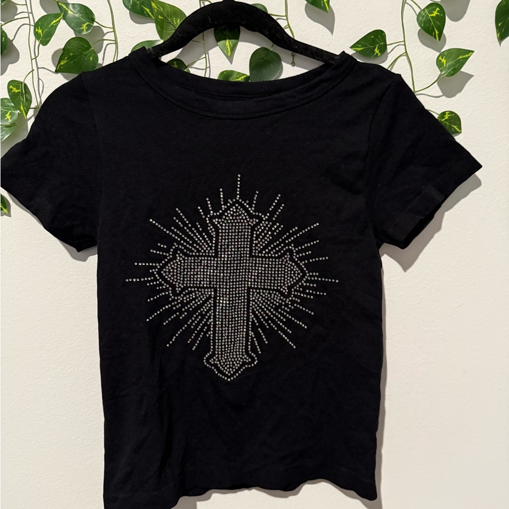 Black Rhinestones Shirt with Silver Cross Design NWOT